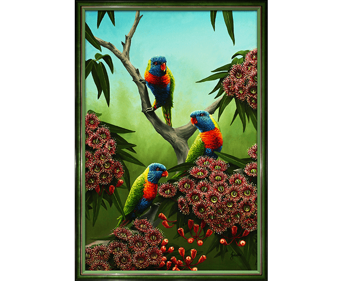 animals-birds-rainbow-lorrikeet-rainbows-and-reds-gum-tree-oil-painting-peter-jantke-art-fnl-C